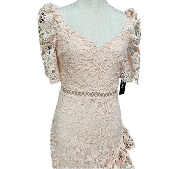 Lulus Briarwood Blush Pink Lace Ruffled Midi Dress M7. - Picture 13 of 16